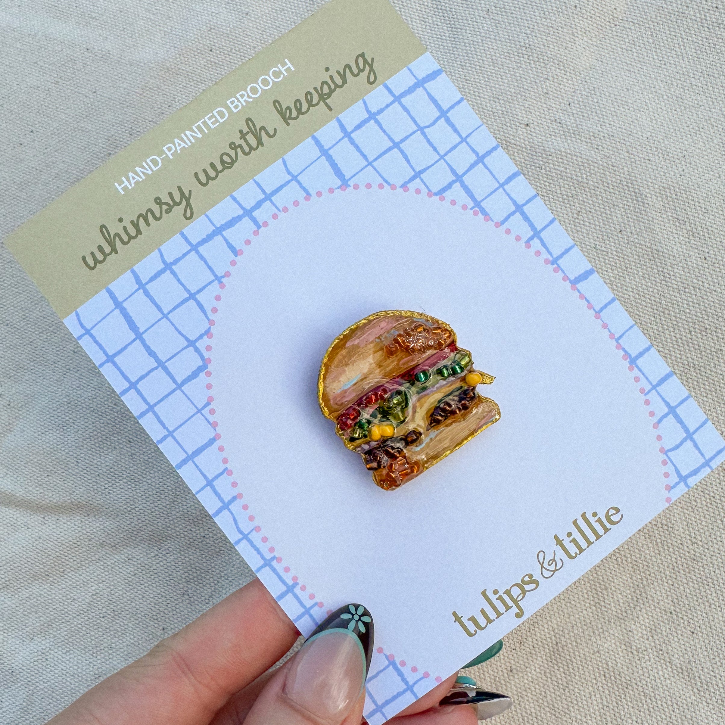 Hand-Painted Burger Brooch | Mixed Media Wearable Art Pin