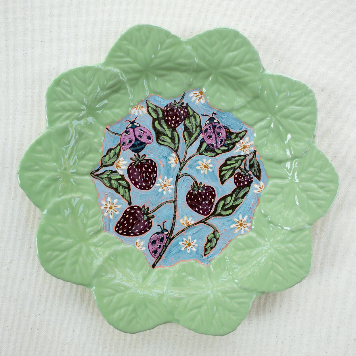 "Ladybugs and Berries" Original Acrylic Painting on Ceramic Plate