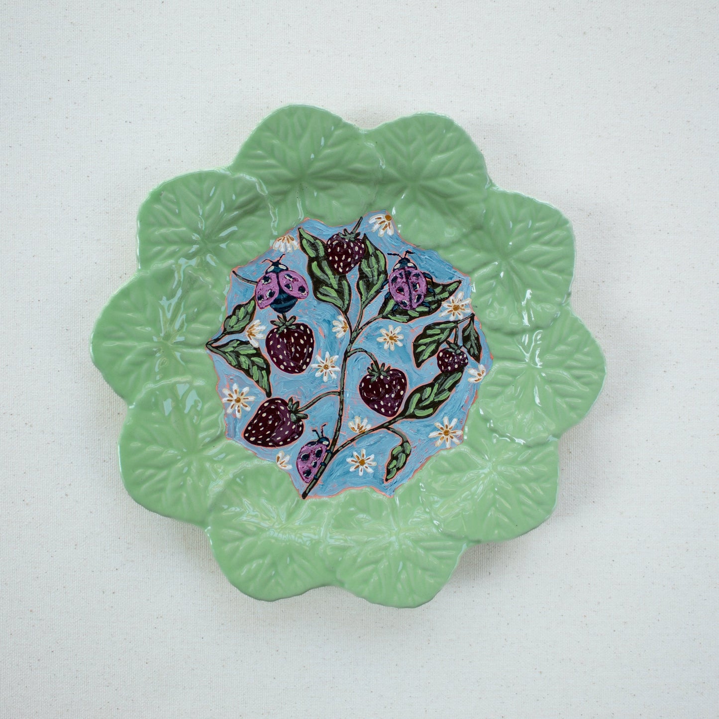 "Ladybugs and Berries" Original Acrylic Painting on Ceramic Plate