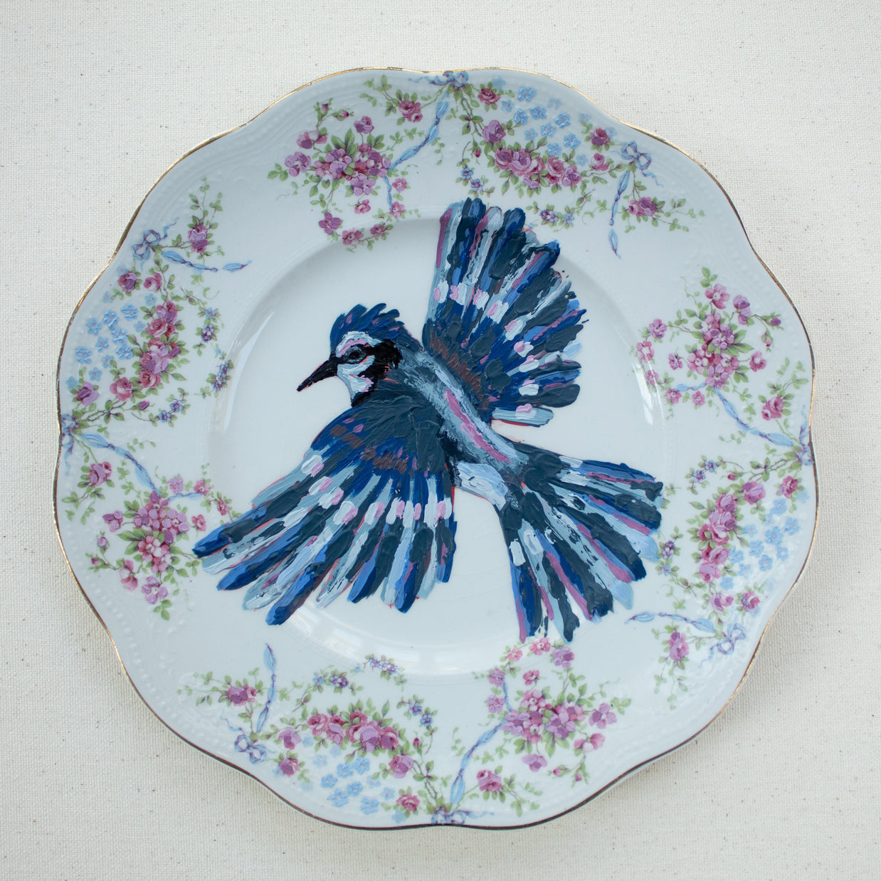 "Bluejays and Bows" Original Acrylic Painting on Vintage China Plate