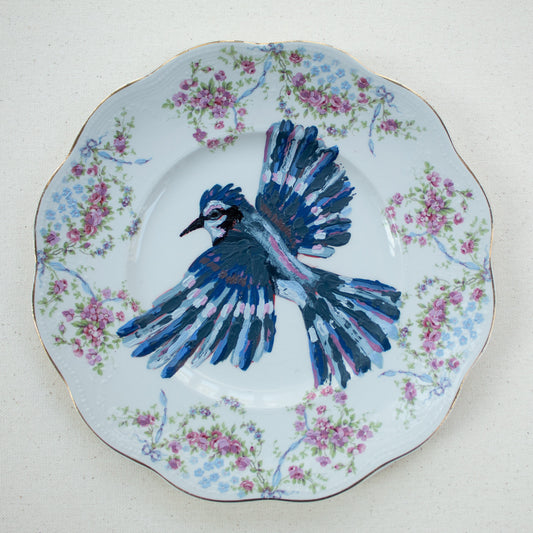 "Bluejays and Bows" Original Acrylic Painting on Vintage China Plate