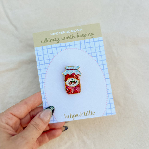 Hand-Painted Strawberry Jam Brooch | Mixed Media Wearable Art Pin