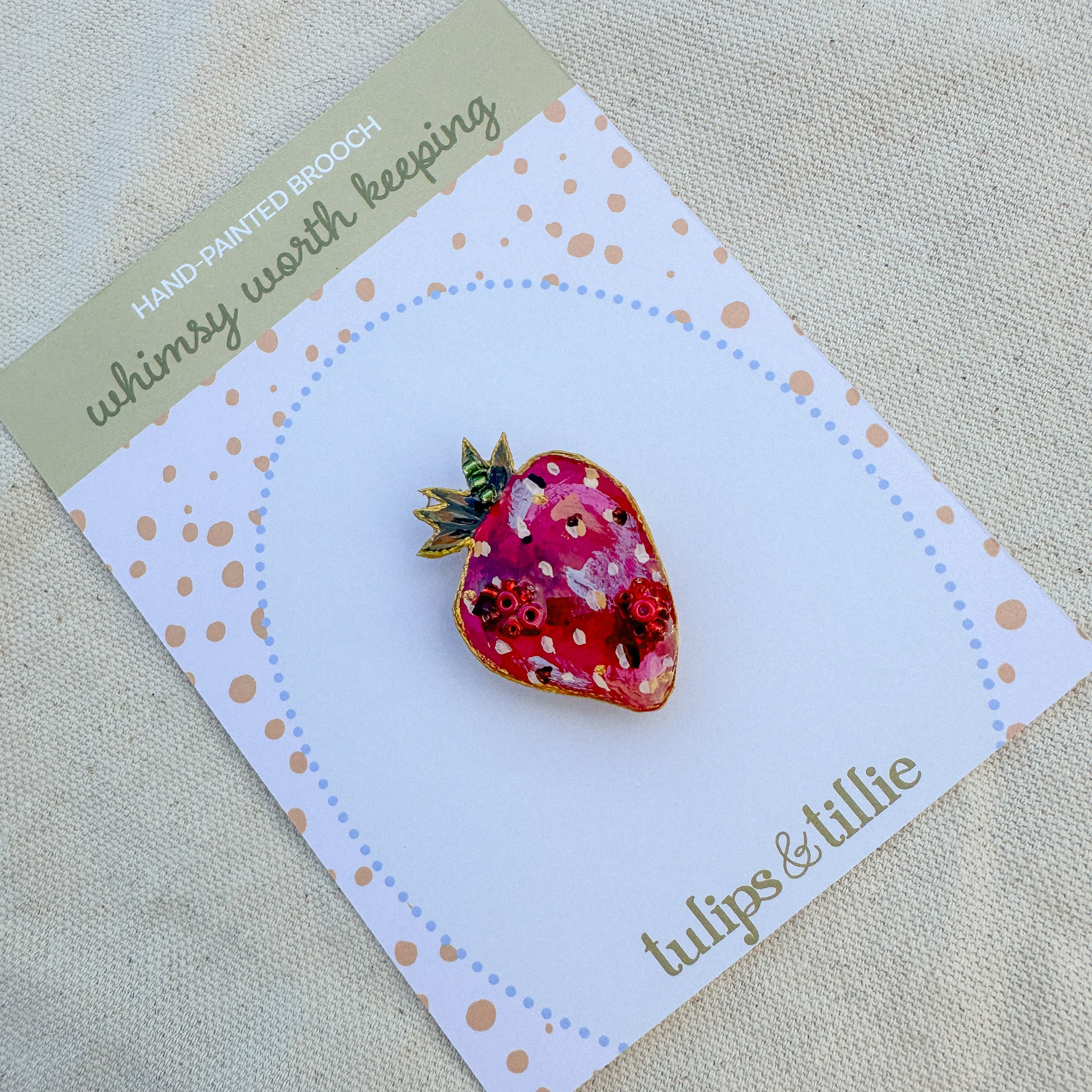 Hand-Painted Strawberry Brooch | Mixed Media Wearable Art Pin