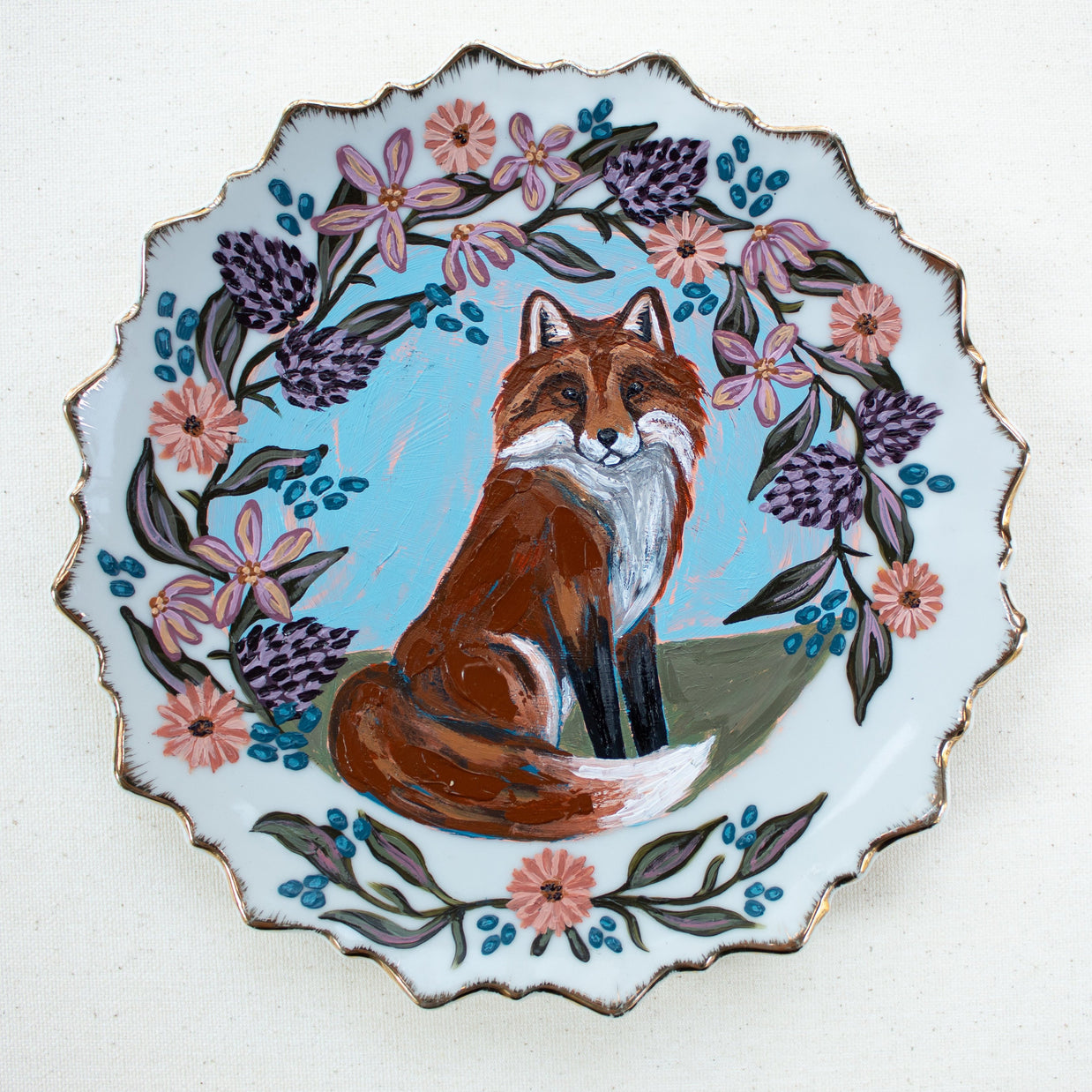 "Fox and Floral" Original Acrylic Painting on Vintage China Plate