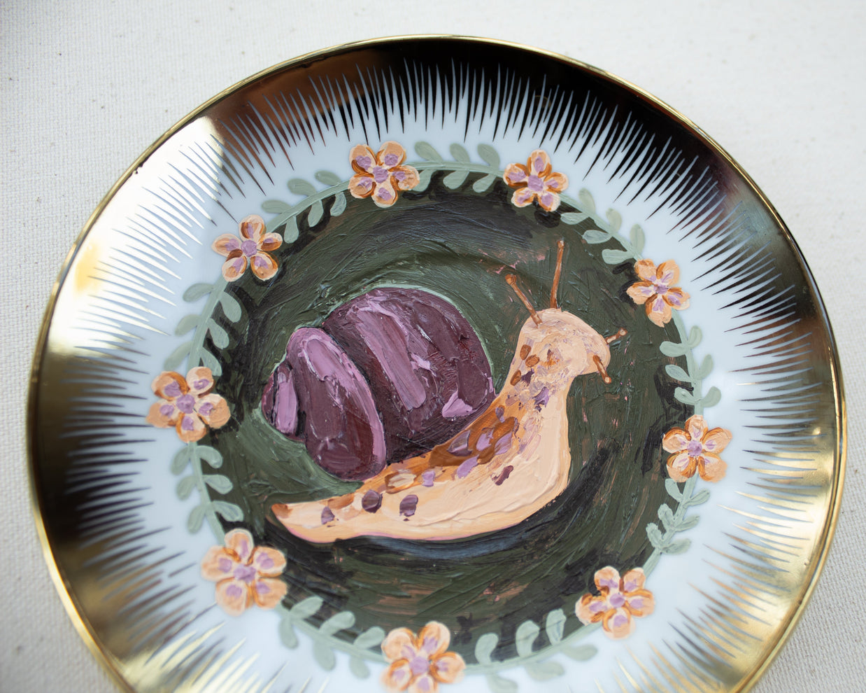 Snail Original Acrylic Painting on Vintage Plate