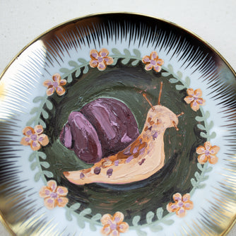 Snail Original Acrylic Painting on Vintage Plate