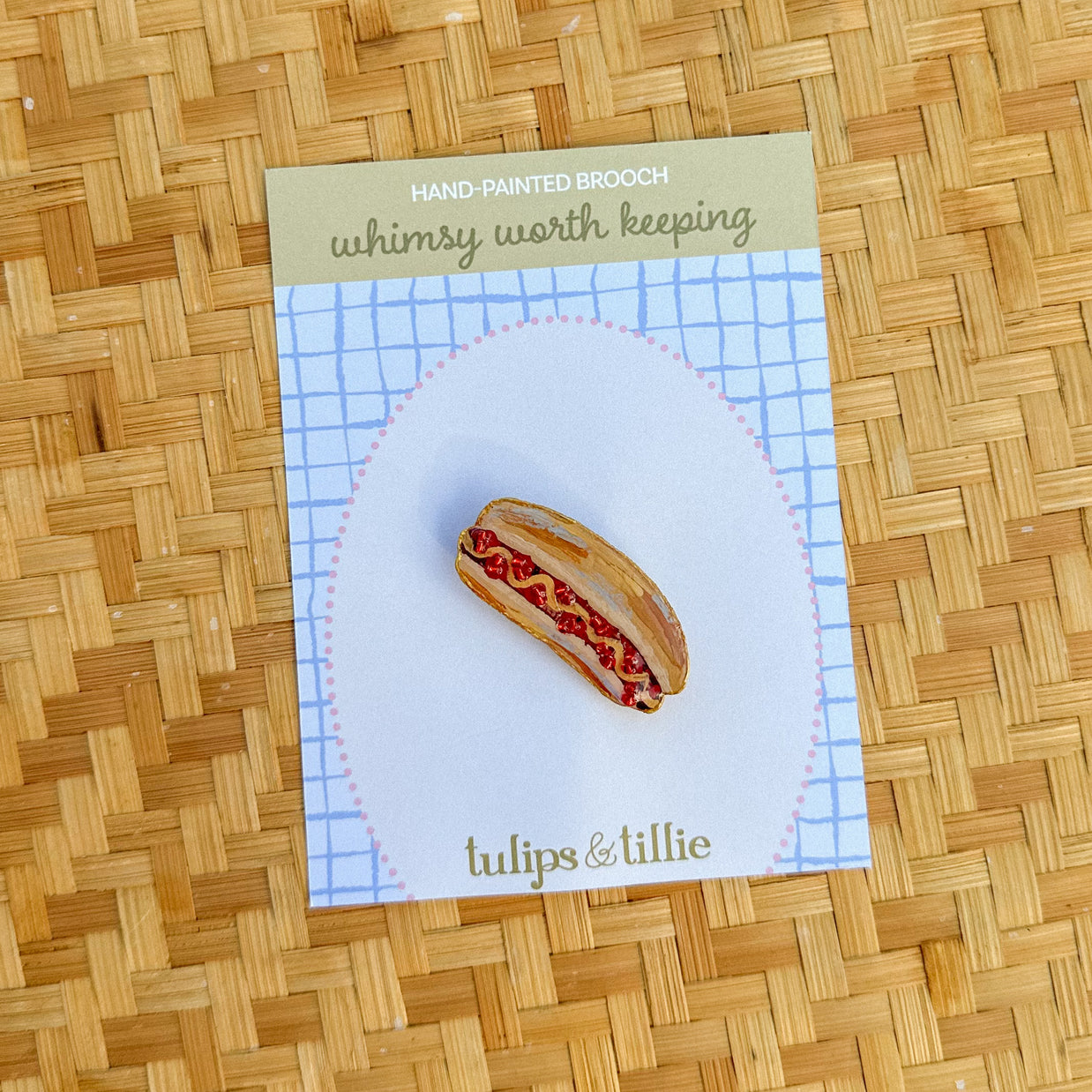 Hand-Painted Hotdog Brooch | Mixed Media Wearable Art Pin