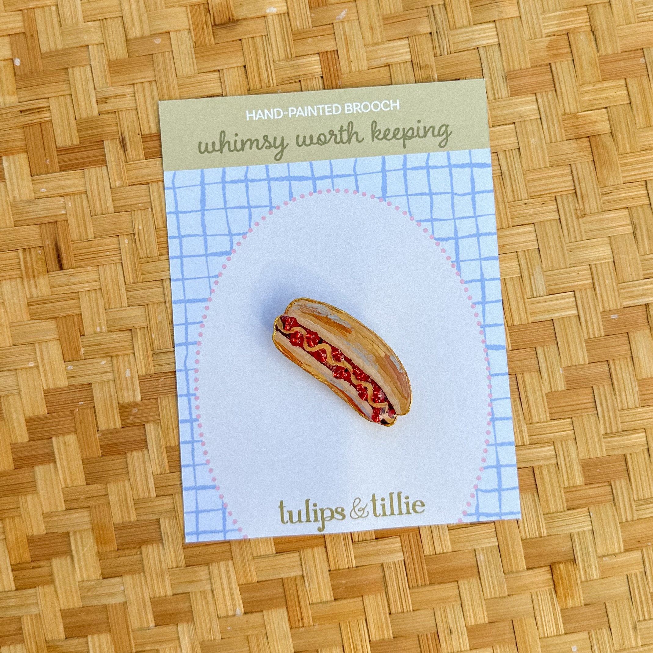 Hand-Painted Hotdog Brooch | Mixed Media Wearable Art Pin