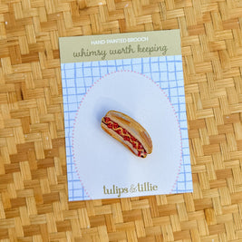 Hand-Painted Hotdog Brooch | Mixed Media Wearable Art Pin