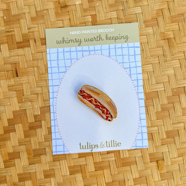 Hand-Painted Hotdog Brooch | Mixed Media Wearable Art Pin