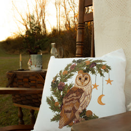 Woodland Owl & Wreath Holiday Pillow Case