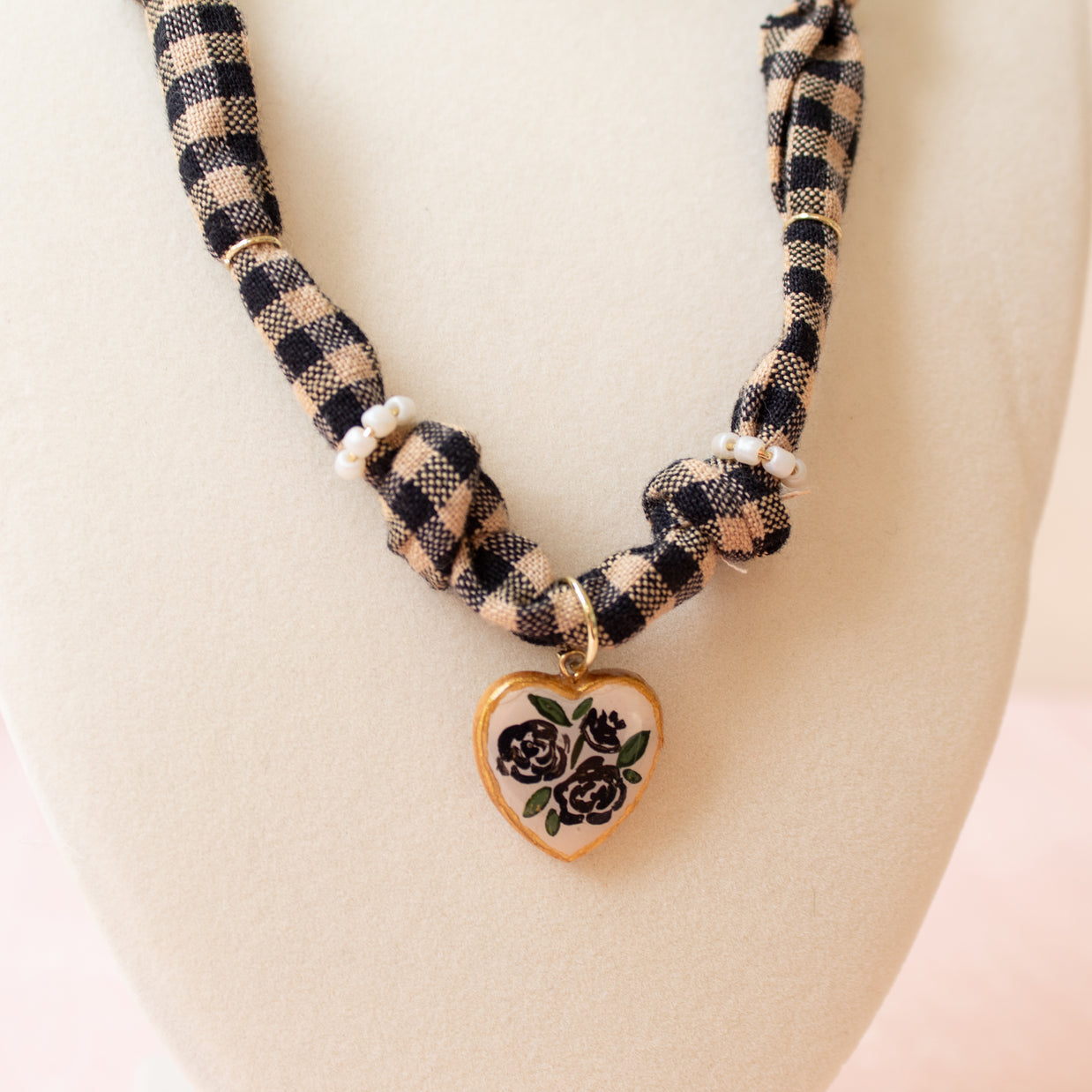 Black Floral Checkered Bandana Necklace