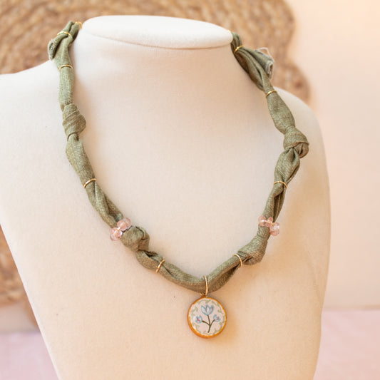 Floral Blue and Sage Bandana Necklace