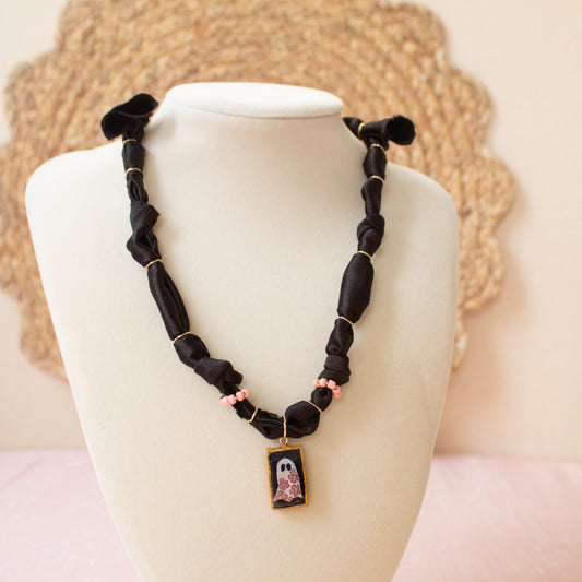 Floral Ghost Bandana Necklace (pink & black)
