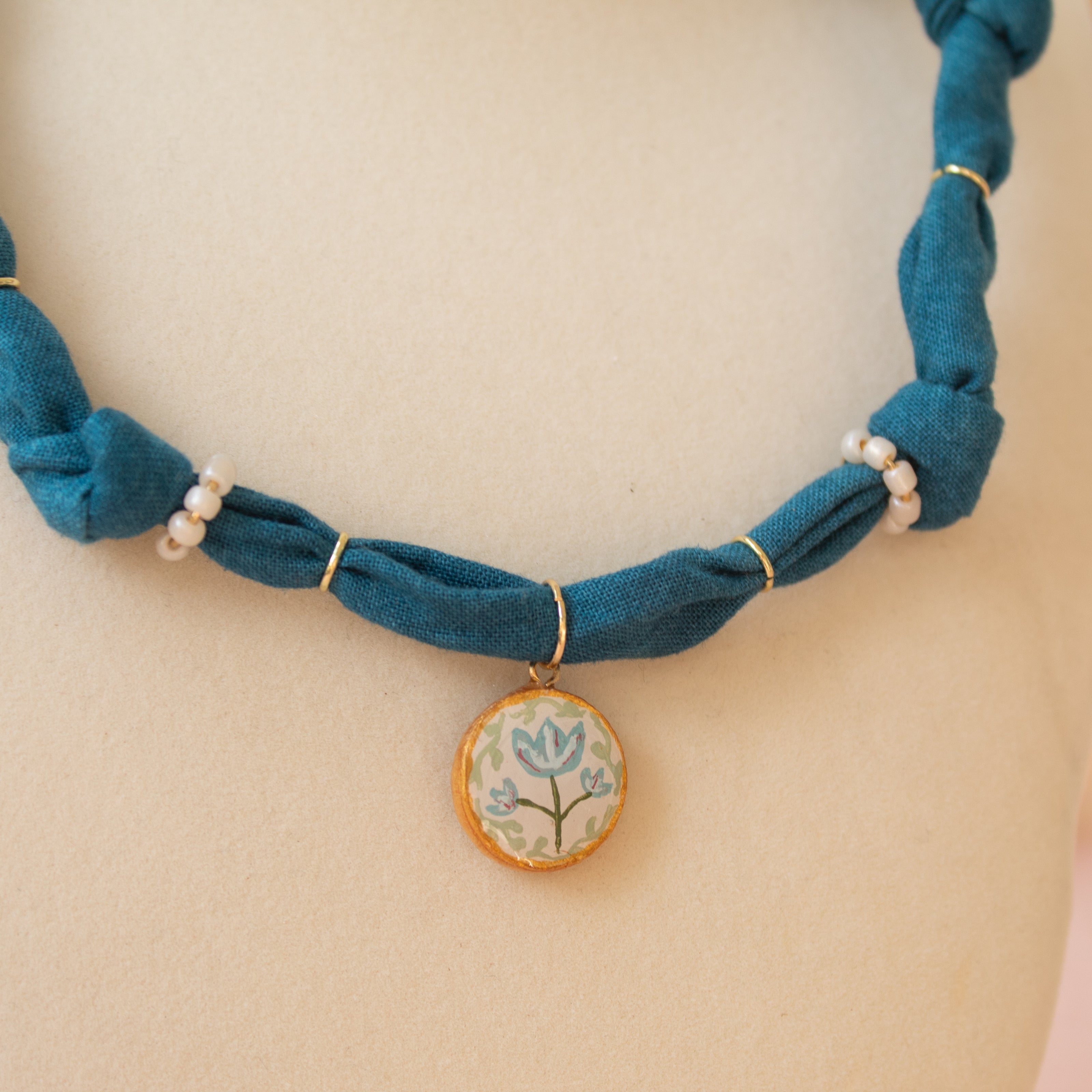 Teal Floral Bandana Necklace