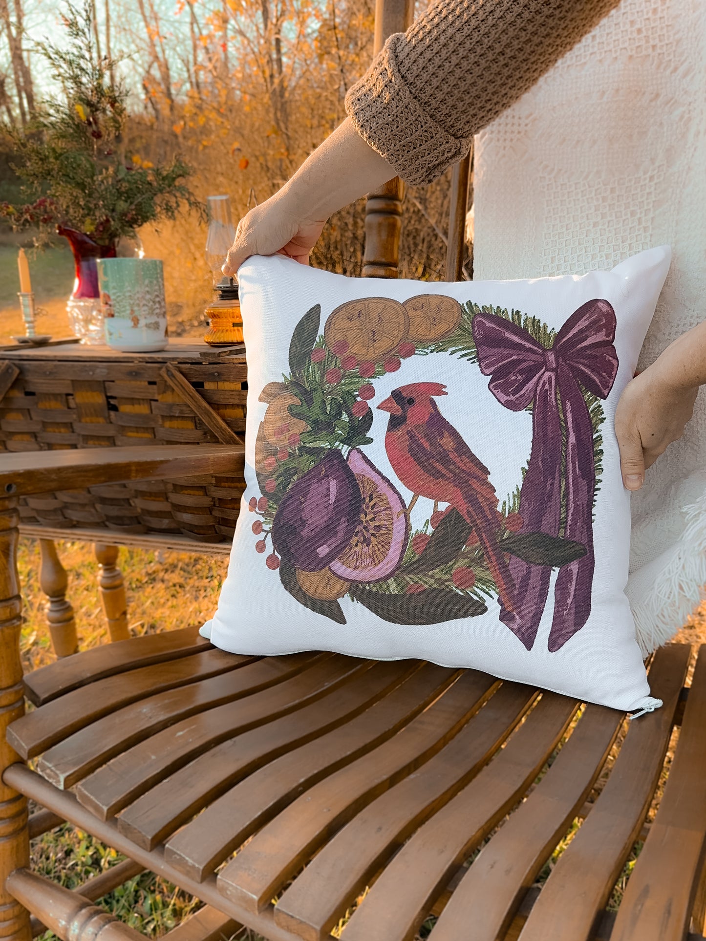 Woodland Cardinal & Wreath Holiday Pillow Case