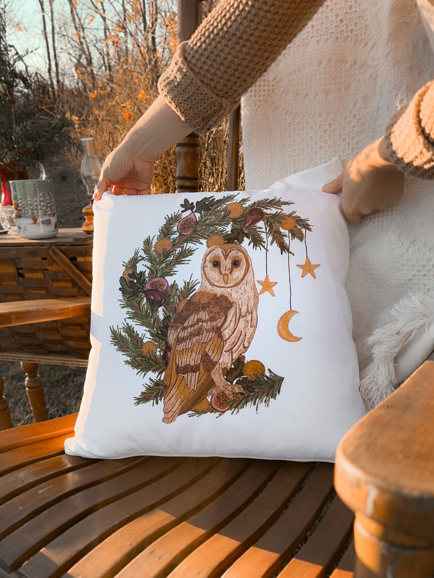 Woodland Owl & Wreath Holiday Pillow Case