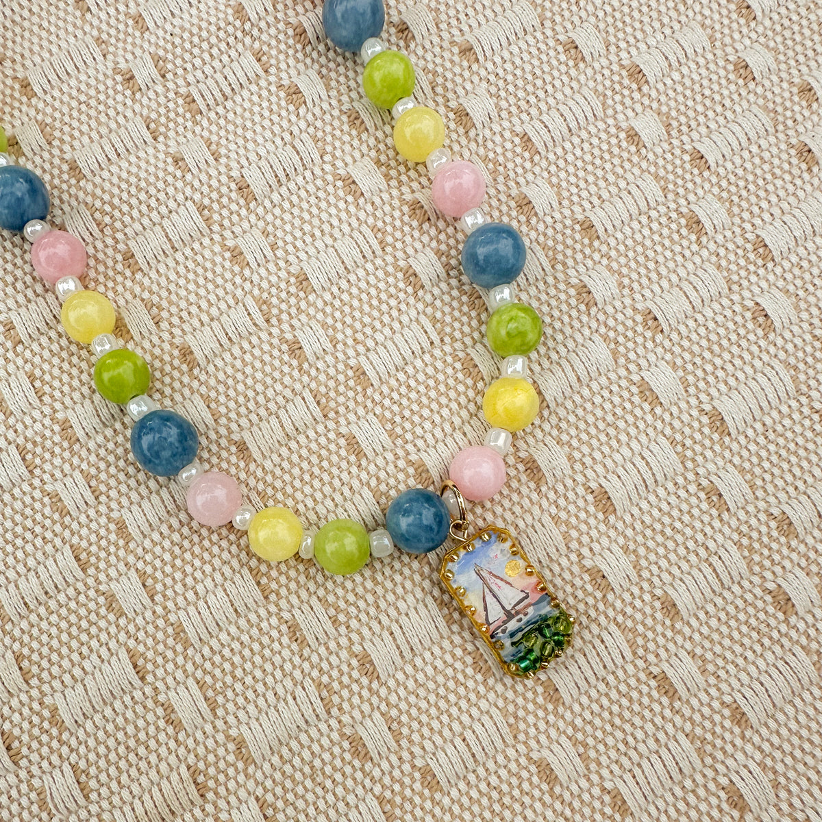Hand-painted Sailboat Beaded Necklace