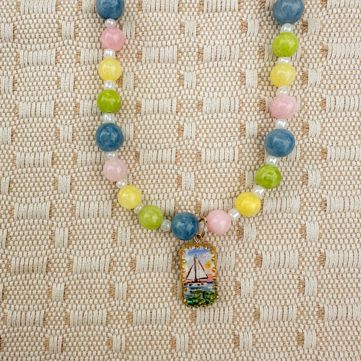 Hand-painted Sailboat Beaded Necklace