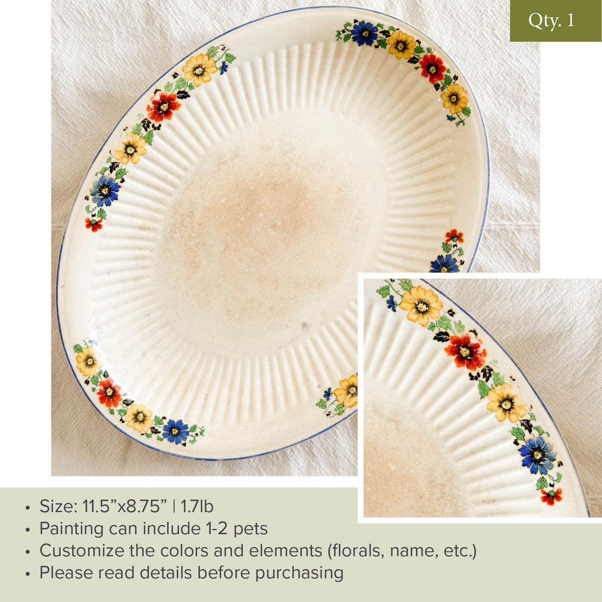 PLATE 14 | Muli-color | Floral | 11.5"x8.75" Platter | Fits 1-2 Pets