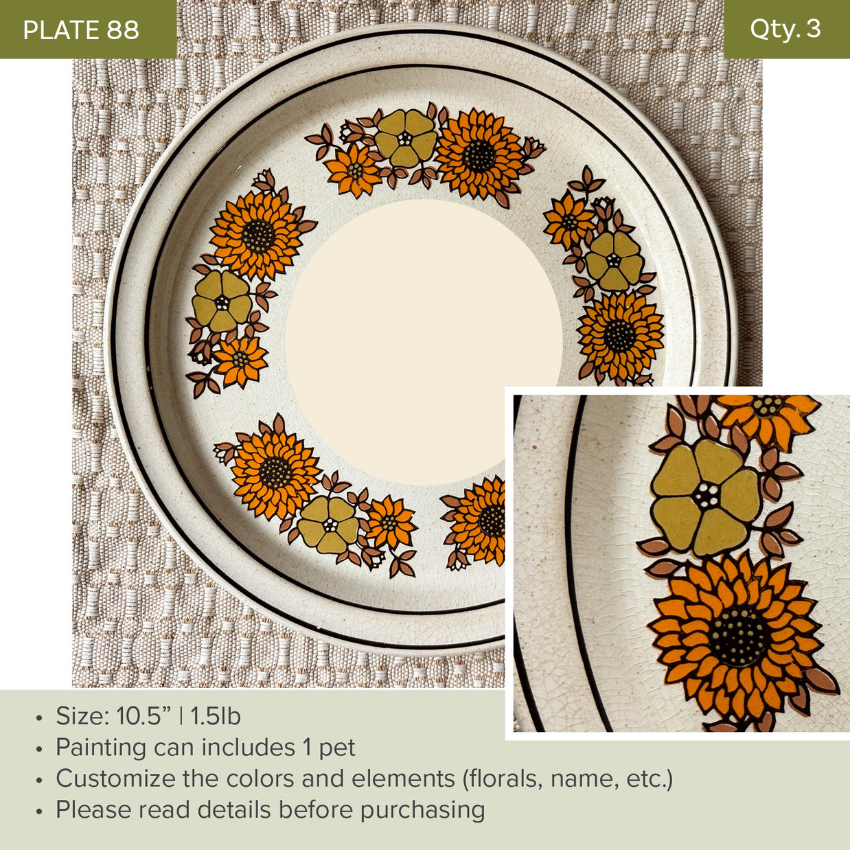 Plate 88 | Vintage Sunflower | 10.5" | Fits 1 Pet