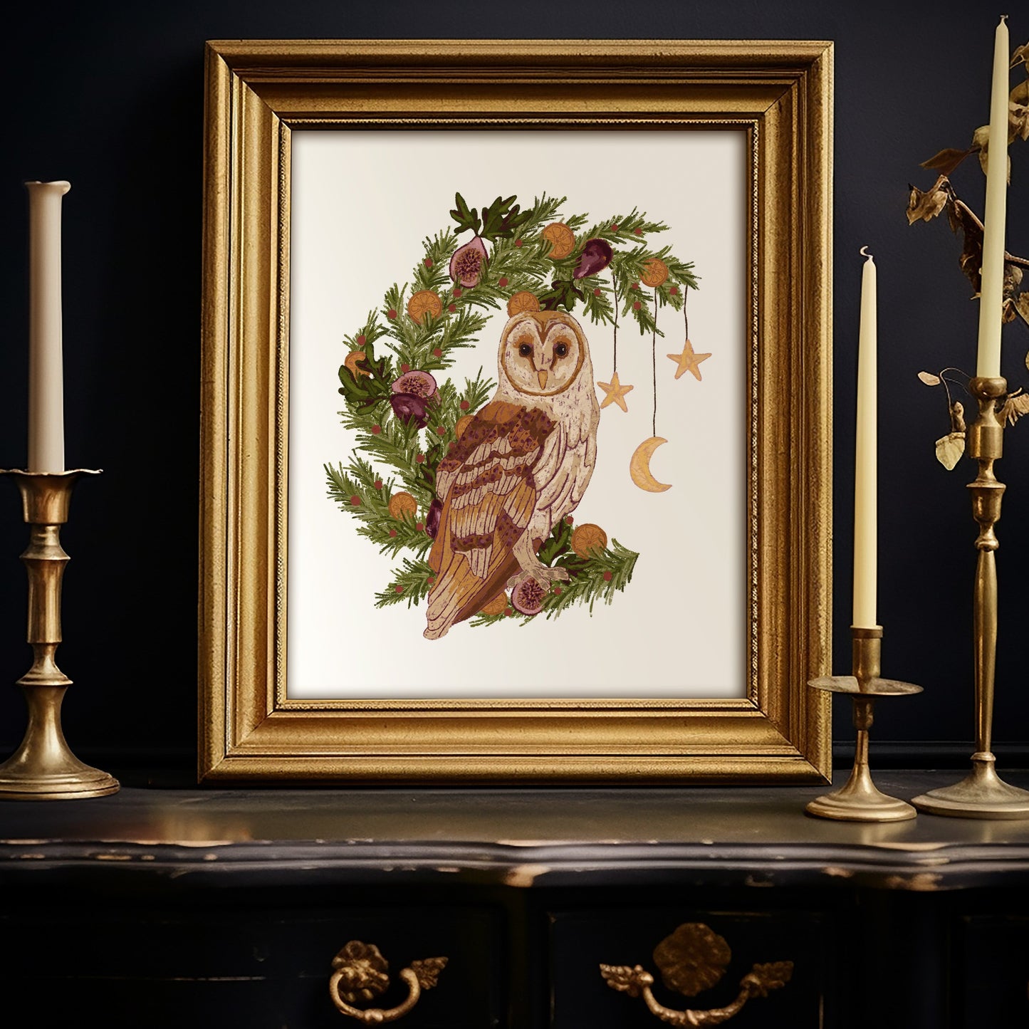 Whimsical Owl and Winter Foliage Art Print