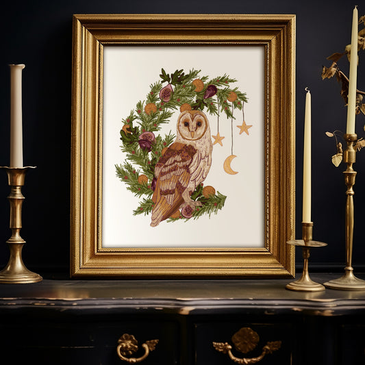 Whimsical Owl and Winter Foliage Art Print
