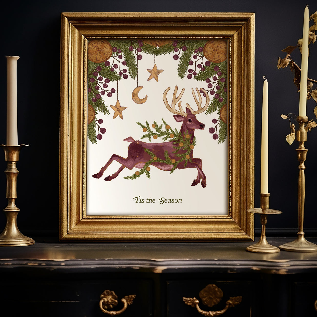 Whimsical Woodland Deer with Winter Foliage "Tis the Season" Art Print